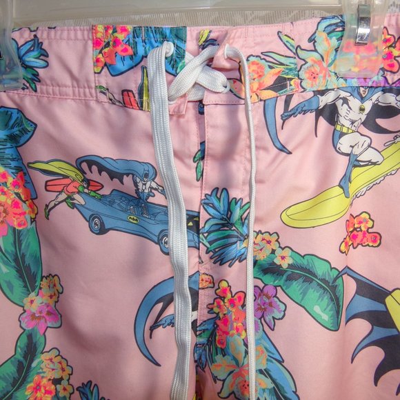Batman Mesh Lined Swim Trunks Men's XL Pink Hawaiian Floral Surf Elastic Pre-own - Picture 2 of 16